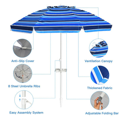 Beach Umbrella 220 cm, Tilt Canopy, Cup Holder, Carry Bag