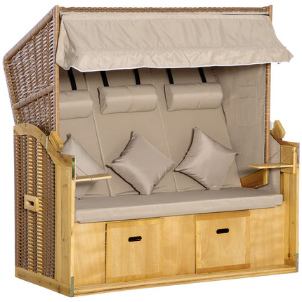 Strandstoel 3-zits ligstoel met dak en 2 opklapbare tafels, voetenbankje, XXL polyrotan naturel, 150x79x160cm voor tuin & terras |de