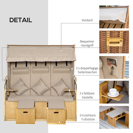 Strandstoel 3-zits ligstoel met dak en 2 opklapbare tafels, voetenbankje, XXL polyrotan naturel, 150x79x160cm voor tuin & terras |de