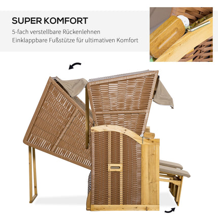 Strandstoel 3-zits ligstoel met dak en 2 opklapbare tafels, voetenbankje, XXL polyrotan naturel, 150x79x160cm voor tuin & terras |de