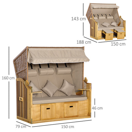 Strandstoel 3-zits ligstoel met dak en 2 opklapbare tafels, voetenbankje, XXL polyrotan naturel, 150x79x160cm voor tuin & terras |de