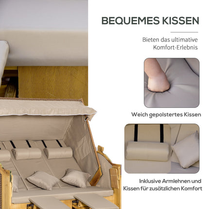 Strandstoel 3-zits ligstoel met dak en 2 opklapbare tafels, voetenbankje, XXL polyrotan naturel, 150x79x160cm voor tuin & terras |de