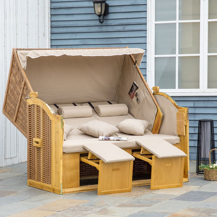 Strandstoel 3-zits ligstoel met dak en 2 opklapbare tafels, voetenbankje, XXL polyrotan naturel, 150x79x160cm voor tuin & terras |de