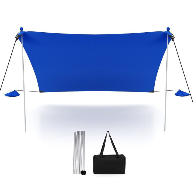 Strandtent 230 x 200 cm UPF 50+ zonnetent met zandankers, zandzakken en 2 steunpalen blauw