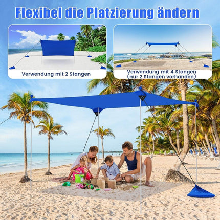 Strandmuschel 230 x 200 cm UPF 50+ Sonnenzelt mit Sandankern, Sandsäcken und 2 Stützstangen Blau