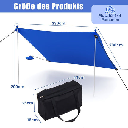 Strandmuschel 230 x 200 cm UPF 50+ Sonnenzelt mit Sandankern, Sandsäcken und 2 Stützstangen Blau