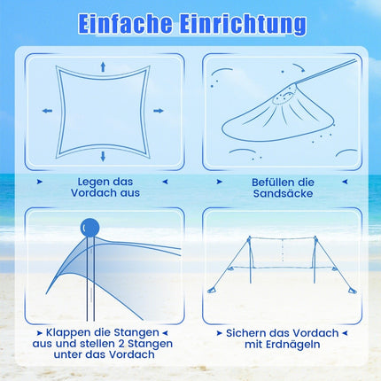 Strandmuschel 230 x 200 cm UPF 50+ Sonnenzelt mit Sandankern, Sandsäcken und 2 Stützstangen Blau