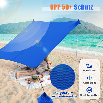 Strandmuschel 230 x 200 cm UPF 50+ Sonnenzelt mit Sandankern, Sandsäcken und 2 Stützstangen Blau