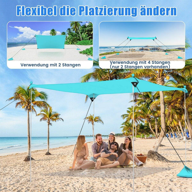 Strandtent 230 x 200 cm UPF 50+ zonnetent met zandankers, zandzakken en 2 steunpalen, turquoise