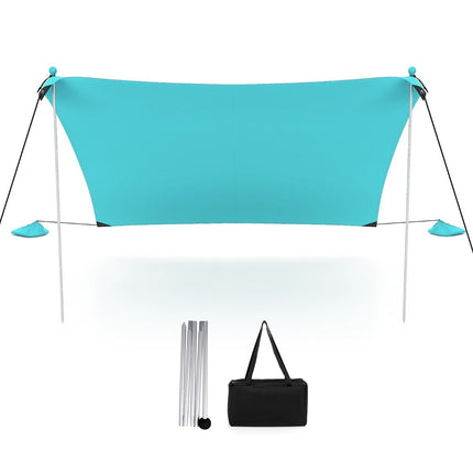 Strandtent 230 x 200 cm UPF 50+ zonnetent met zandankers, zandzakken en 2 steunpalen, turquoise