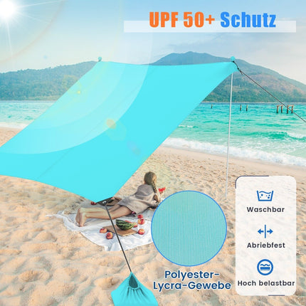 Strandtent 230 x 200 cm UPF 50+ zonnetent met zandankers, zandzakken en 2 steunpalen, turquoise