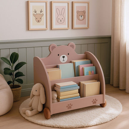 Bear-Themed Kids Bookcase with Wheels and Storage