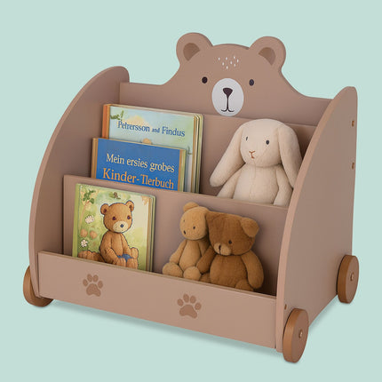 Bear-Themed Kids Bookcase with Wheels and Storage