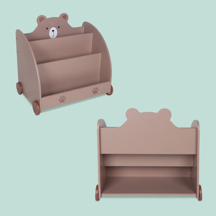 Bear-Themed Kids Bookcase with Wheels and Storage