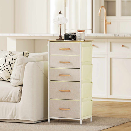 Schlafzimmerkommode mit 5 Stoffschubladen, Stahlrahmen, Beige