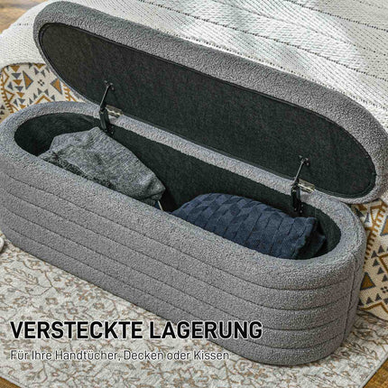 Schlafzimmerbank mit Stauraum, Holzbeinen, Teddy-Fleece, hellgrau