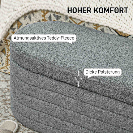Schlafzimmerbank mit Stauraum, Holzbeinen, Teddy-Fleece, hellgrau