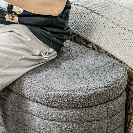 Schlafzimmerbank mit Stauraum, Holzbeinen, Teddy-Fleece, hellgrau