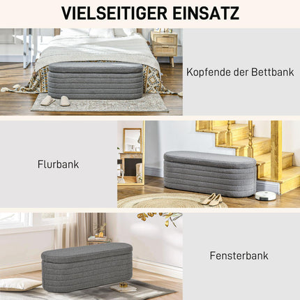 Schlafzimmerbank mit Stauraum, Holzbeinen, Teddy-Fleece, hellgrau