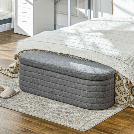 Schlafzimmerbank mit Stauraum, Holzbeinen, Teddy-Fleece, hellgrau