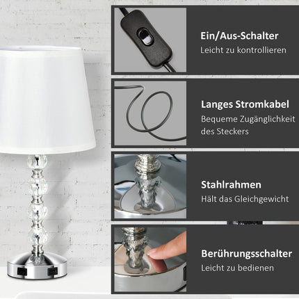 Crystal Table Lamp With USB, Touch Sensor, E27, White/Silver