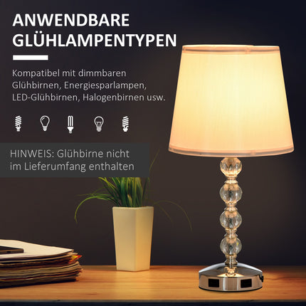 Crystal Table Lamp With USB, Touch Sensor, E27, White/Silver