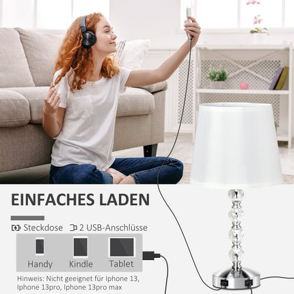 Crystal Table Lamp With USB, Touch Sensor, E27, White/Silver