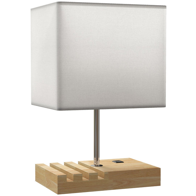 Nachttischlampe mit USB-Anschlüssen, Holz und Stoff, Weiß