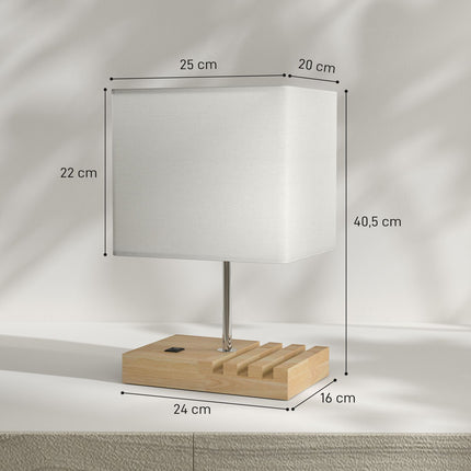 Noční lampička s USB porty, dřevo a textil, bílá