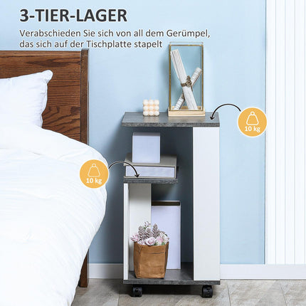 Grau-weißer Couchtisch auf Rollen - Moderner Couchtisch mit 3 Ablagen