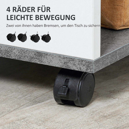 Grau-weißer Couchtisch auf Rollen - Moderner Couchtisch mit 3 Ablagen