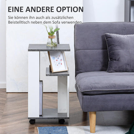 Grau-weißer Couchtisch auf Rollen - Moderner Couchtisch mit 3 Ablagen