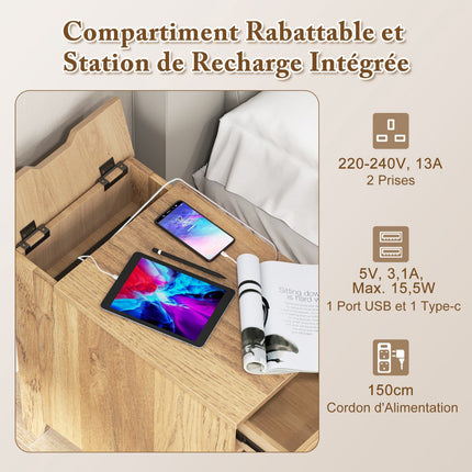 Nachttisch mit USB-C, Steckdosen, Schublade und Zeitschriftenablage