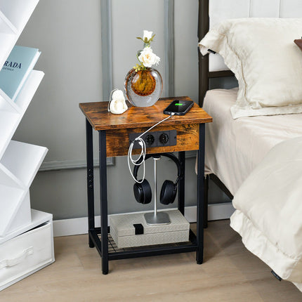Bedside Tables Set of 2, USB Charging, Grid Shelf