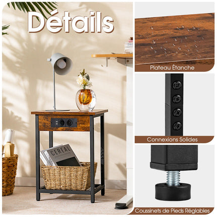 Bedside Tables Set of 2, USB Charging, Grid Shelf