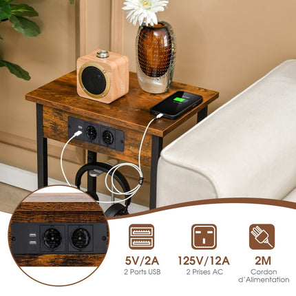 Bedside Tables Set of 2, USB Charging, Grid Shelf