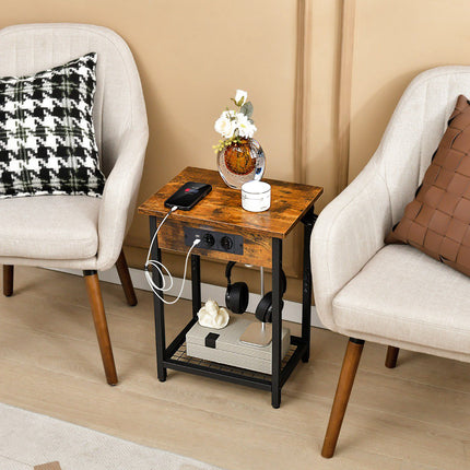Bedside Tables Set of 2, USB Charging, Grid Shelf