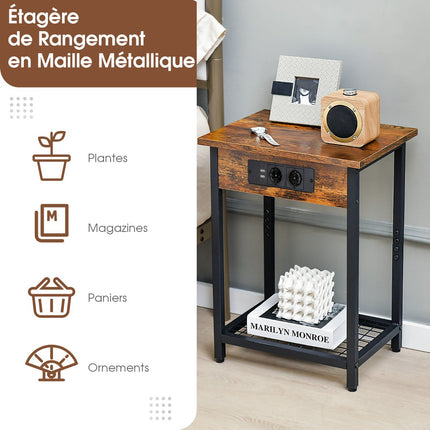 Bedside Tables Set of 2, USB Charging, Grid Shelf