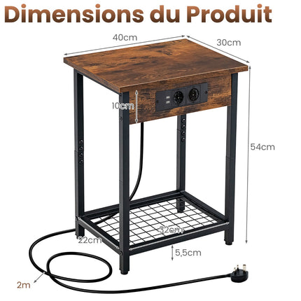 Bedside Tables Set of 2, USB Charging, Grid Shelf