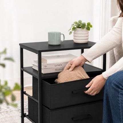 Bedside Table with 2 Fabric Drawers & Shelves, MDF & Metal