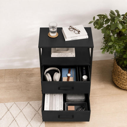 Bedside Table with 2 Fabric Drawers & Shelves, MDF & Metal
