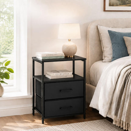 Bedside Table with 2 Fabric Drawers & Shelves, MDF & Metal