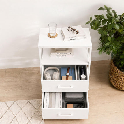 Bedside Table with 2 Fabric Drawers & Shelves, MDF/Metal