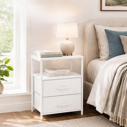 Bedside Table with 2 Fabric Drawers and Shelves, MDF & Metal