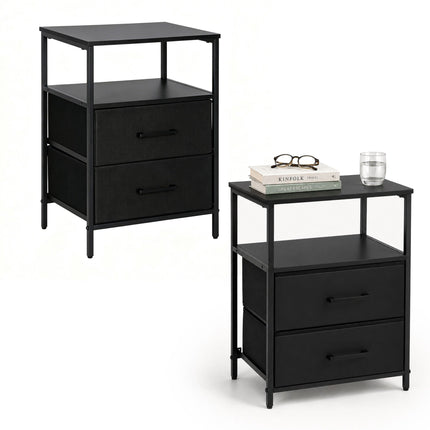Bedside Table with 2 Fabric Drawers and Shelves, MDF & Metal