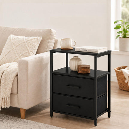 Bedside Table with 2 Fabric Drawers and Shelves, MDF & Metal