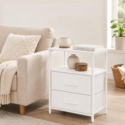 Bedside Table with 2 Fabric Drawers and Shelves, MDF & Metal