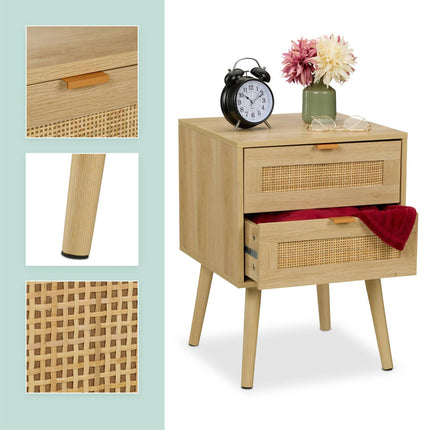 Bedside Table with 2 Wood-Effect Rattan Drawers