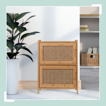 Bedside Table with Bamboo Frame and Rattan Doors