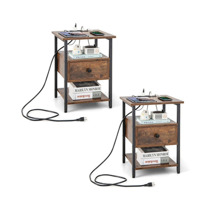 Bedside Table with Charging Station, Drawer, and Shelves
